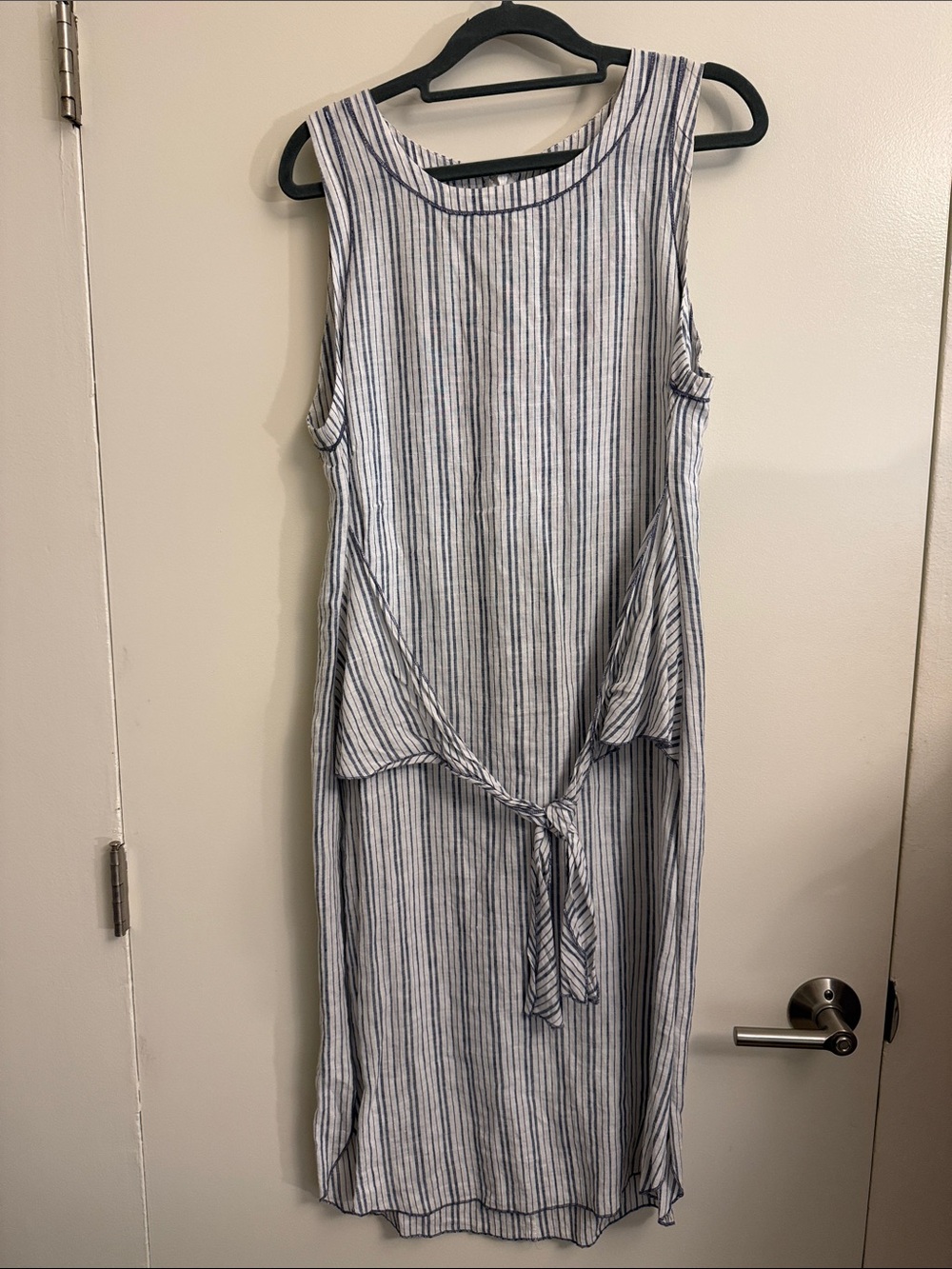 Sleeveless Blue and White Striped Tie-Front Midi Dress